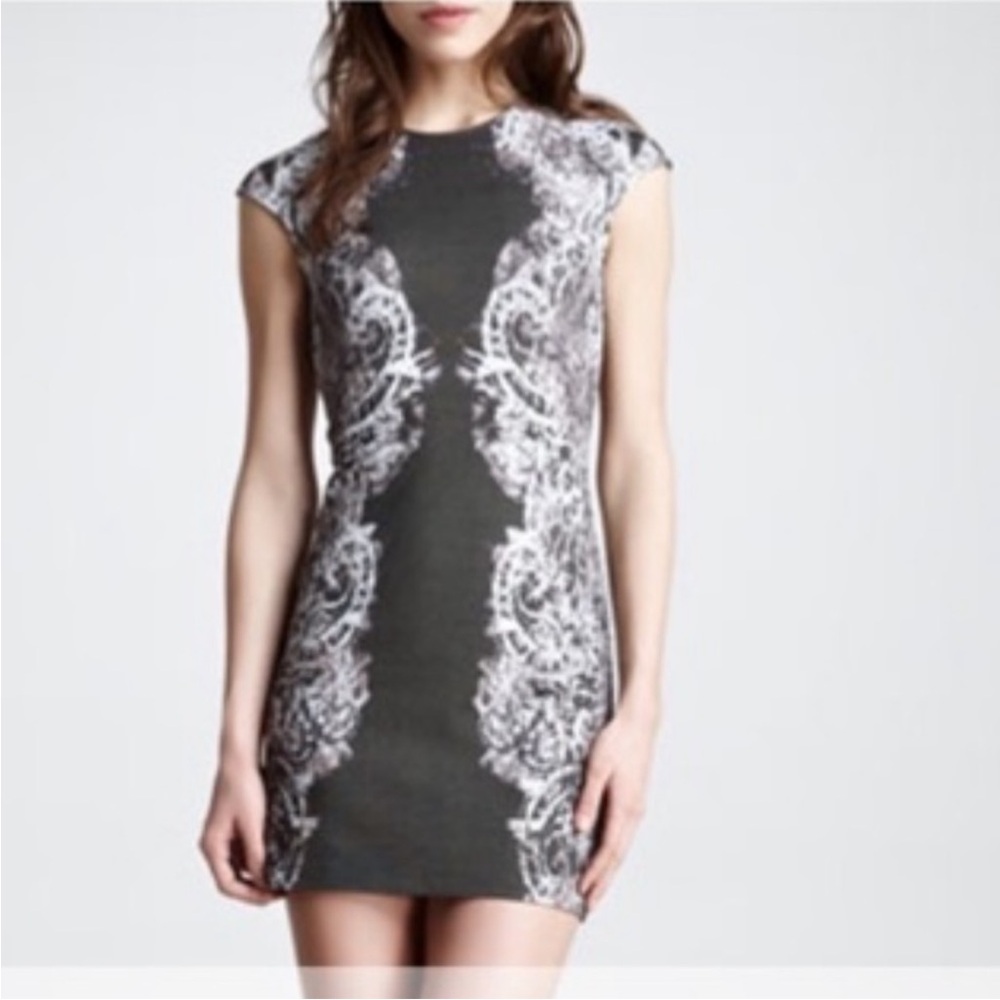 Alexander McQueen McQ Lace-Print Cap Sleeve Sheath Mini Dress Black Gray XS